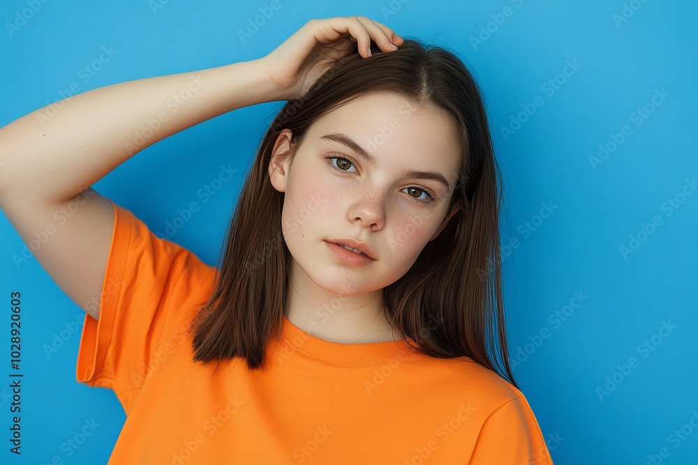 Portrait of a beautiful teenage girl dressed in a stylish orange garment against a blue background in an empty space Portrait of a beautiful teenage girl dressed in a stylish orange garment against a blue background in an empty space