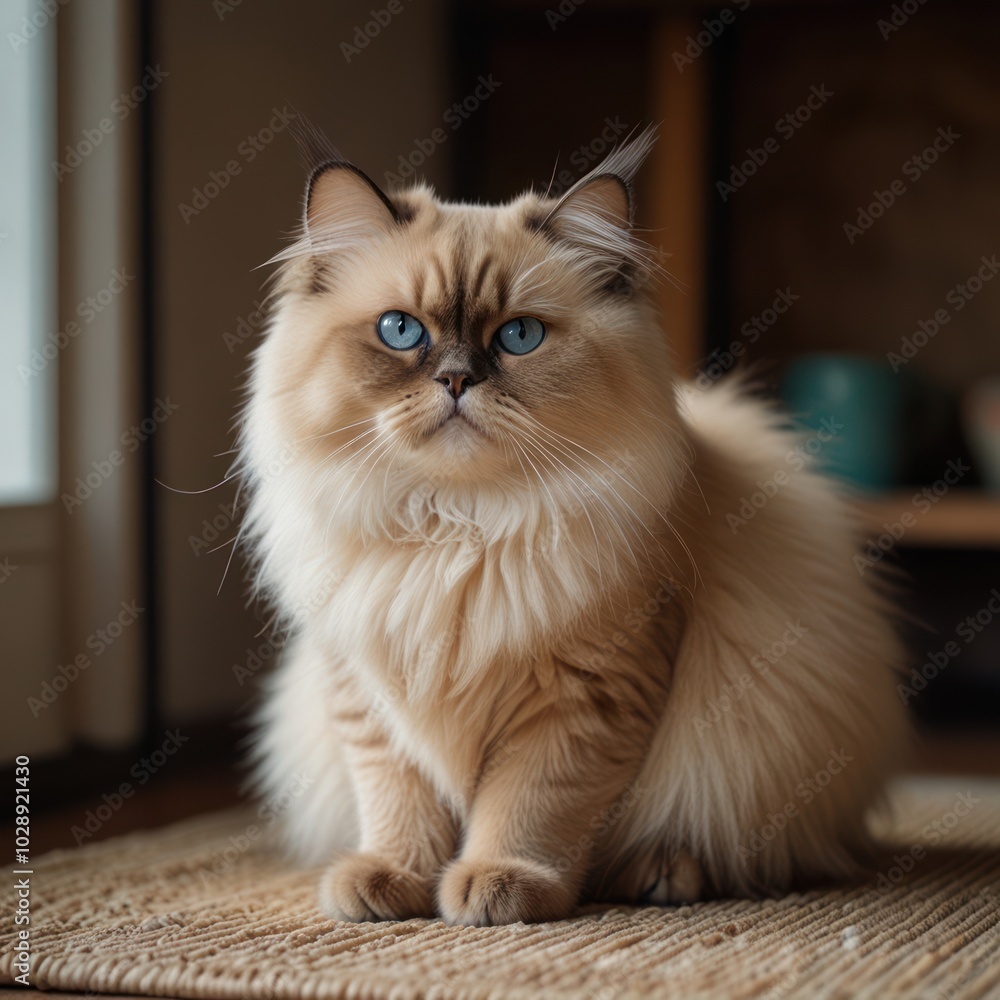 A fluffy, long-haired cat with piercing blue eyes sits on a woven mat, staring intently at the camera. A fluffy, long-haired cat with piercing blue eyes sits on a woven mat, staring intently at the camera.