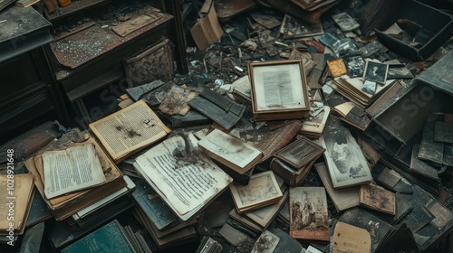 Forgotten History: A Pile of Dusty Books and Old Photographs