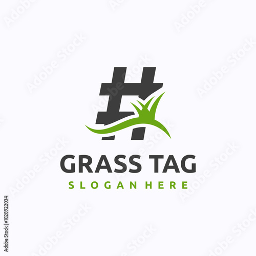 Grass tag logo design template. Hashtag sign concept with grassland. Creative vector symbol.