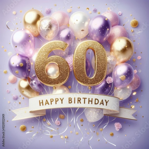 Colorful 60th birthday celebration with balloons and golden glitter text.