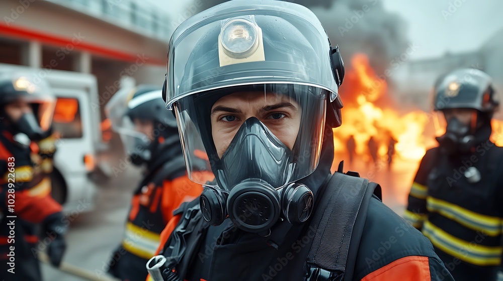 Firefighter in Full Gear Facing Danger at a Fire Scene Firefighter in Full Gear Facing Danger at a Fire Scene