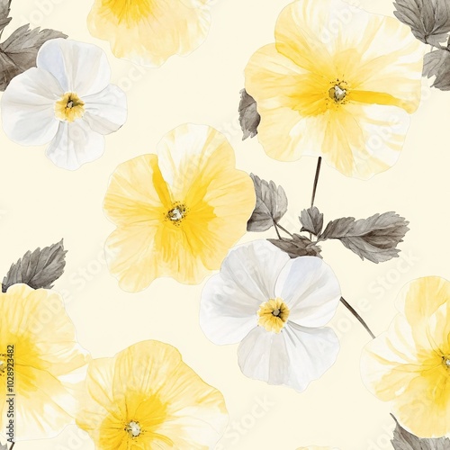 Watercolor of Primroses in Soft Yellow and White Seamless Pattern