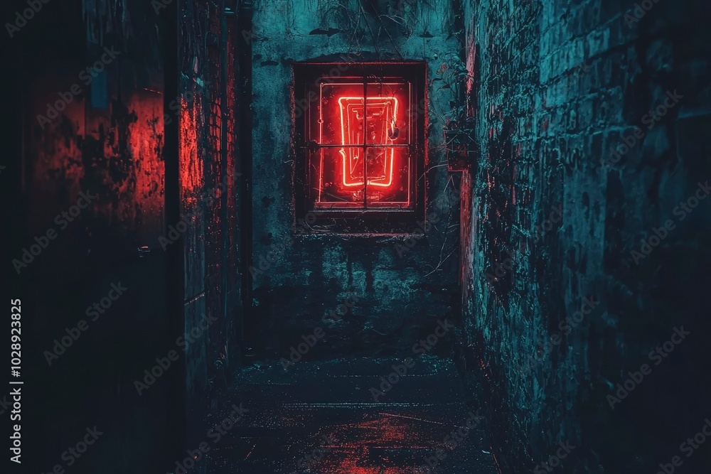 A Glowing Neon Sign in a Dark, Abandoned Brick Alleyway A Glowing Neon Sign in a Dark, Abandoned Brick Alleyway