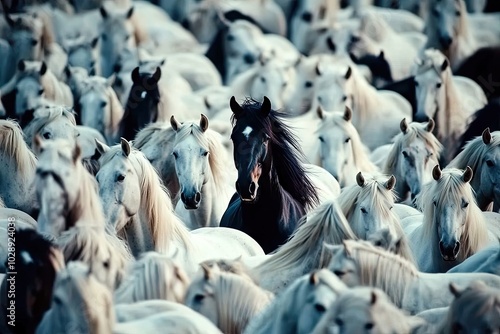 Una perspectiva aérea captura una enorme manada de más de mil majestuosos y elegantes caballos de color blanco puro, con un llamativo caballo negro que se destaca en el centro. La escena muestra la be photo