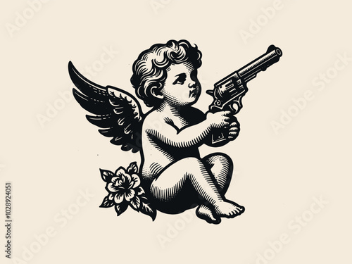 Cute baby angel cherub with a revolver in his hands.   Old vintage engraving illustration. Hand drawn outline graphic. Tattoo, emblem, icon. Isolated object, cut out. black and white
