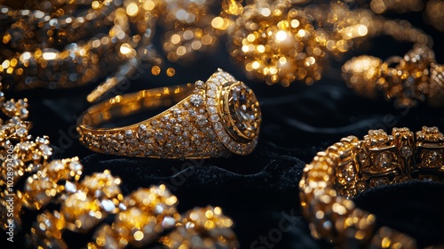 Luxurious Gold Jewelry on Black Velvet Background photo