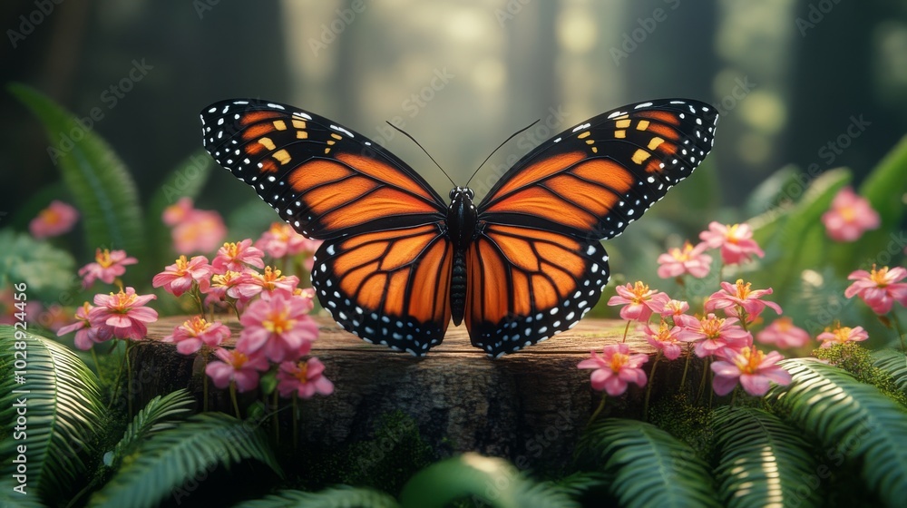 With ferns in the background, a monarch butterfly flutters above vibrant flowers With ferns in the background, a monarch butterfly flutters above vibrant flowers