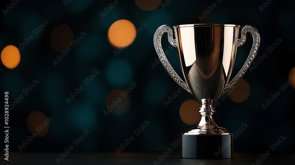 Silver trophy cup with ornate handles on dark background with bokeh light effects Silver trophy cup with ornate handles on dark background with bokeh light effects