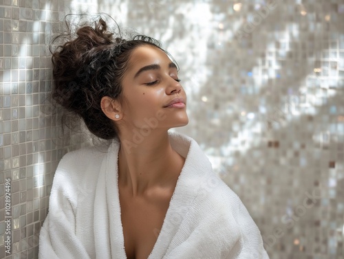 young woman in a white robe in a spa sauna