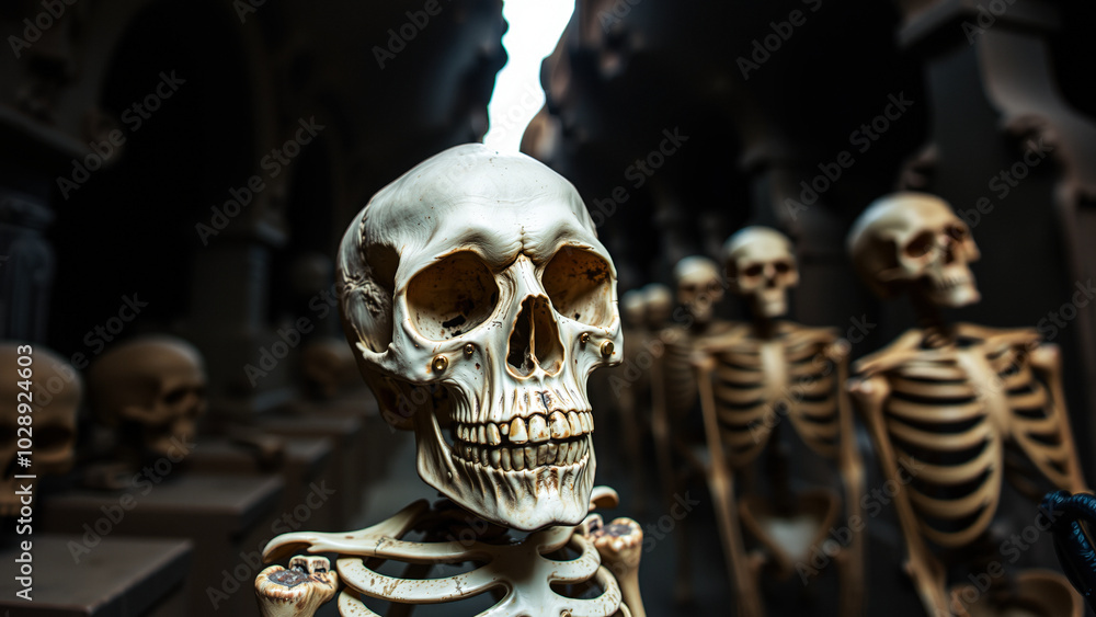 close- a plastic skull with skeletons the background close- a plastic skull with skeletons the background