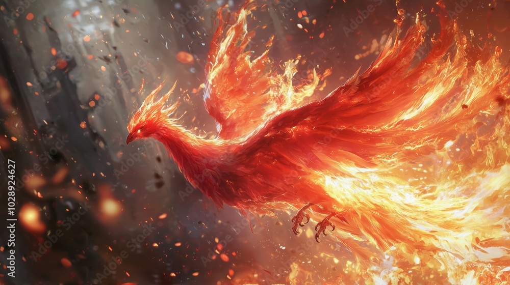 Glowing Phoenix Rising from Flames in Digital Art Glowing Phoenix Rising from Flames in Digital Art