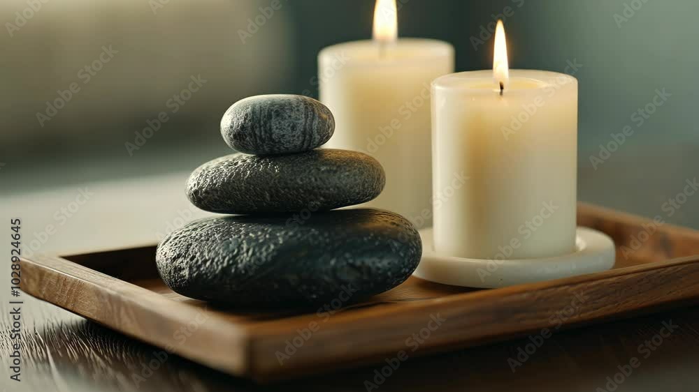 Spa Scene with Candle and Stones on a Wooden Tray for Wellness Meditation and Relaxation Spa Scene with Candle and Stones on a Wooden Tray for Wellness Meditation and Relaxation