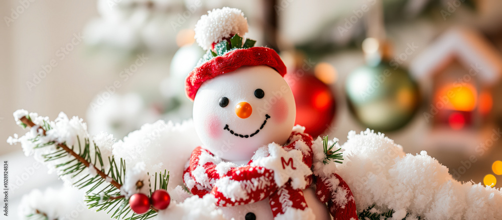 smiling snowman with a red hat scarf decorated with snowflakes smiling snowman with a red hat scarf decorated with snowflakes