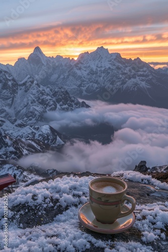 Captura un amanecer impresionante en una cadena montañosa, donde el sol emerge por encima del horizonte, iluminando las cumbres nevadas en tonos anaranjados y dorados. photo