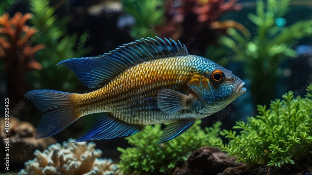A vibrant blue and gold fish swims in an aquarium, surrounded by plants and rocks. A vibrant blue and gold fish swims in an aquarium, surrounded by plants and rocks.