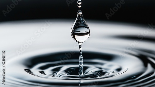 Close-up of a water droplet captured in motion above a ripple on a liquid surface, showcasing reflections and surface tension dynamics. photo