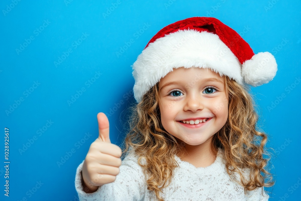 On a blue color background, a lovely teen lady points her finger to you dressed stylishly in red Christmas clothes to celebrate the winter holidays On a blue color background, a lovely teen lady points her finger to you dressed stylishly in red Christmas clothes to celebrate the winter holidays