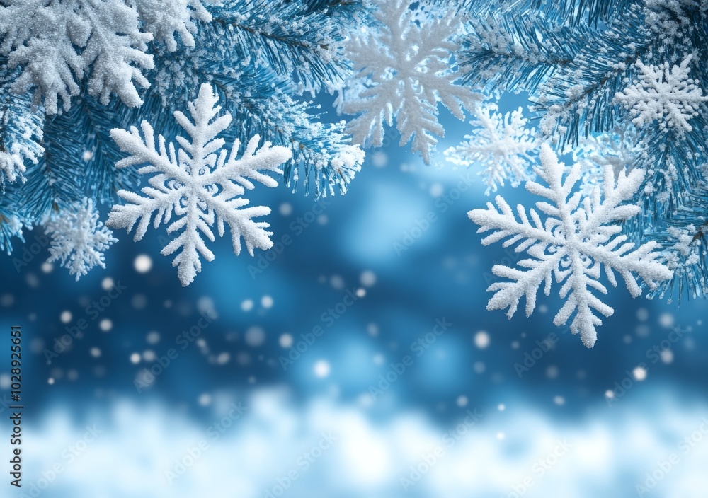 The dearm flying snow flake is set against a blue abstract background, Xmas The dearm flying snow flake is set against a blue abstract background, Xmas