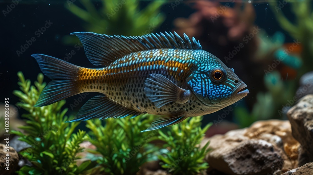 Fototapeta premium A blue and yellow cichlid fish swims through an aquarium with green plants and rocks.