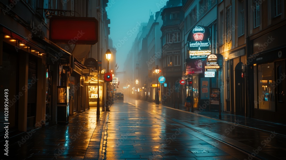 Fototapeta premium Nighttime Urban Street Scene with Glow of Streetlights