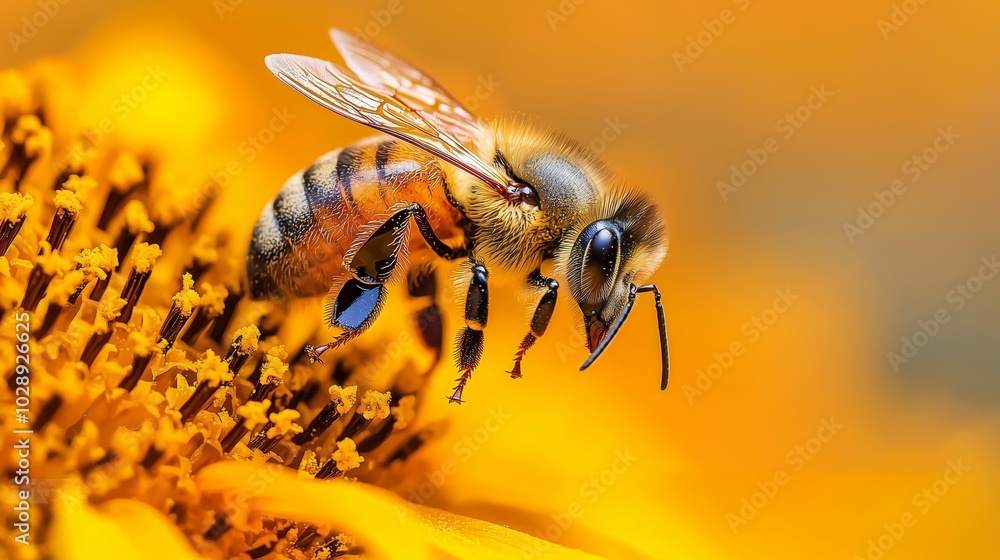 Fototapeta premium Vibrant Honeybee in Macro on Bright Yellow Flower