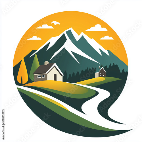 Wallpaper Mural Mountain adventure with a minimalist design, featuring a stylized white mountain peak against an orange circular background, symbolizing exploration and nature Torontodigital.ca