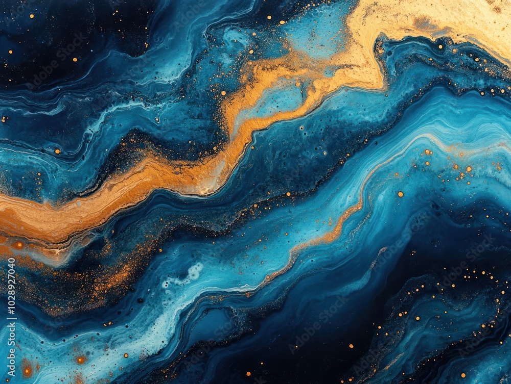 Abstract fluid art with blue and gold swirling patterns, AI generated Abstract fluid art with blue and gold swirling patterns, AI generated