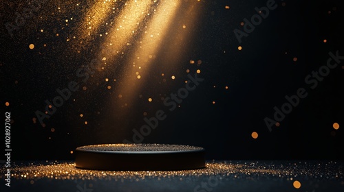 Black circular podium in the center of a golden glittery background photo