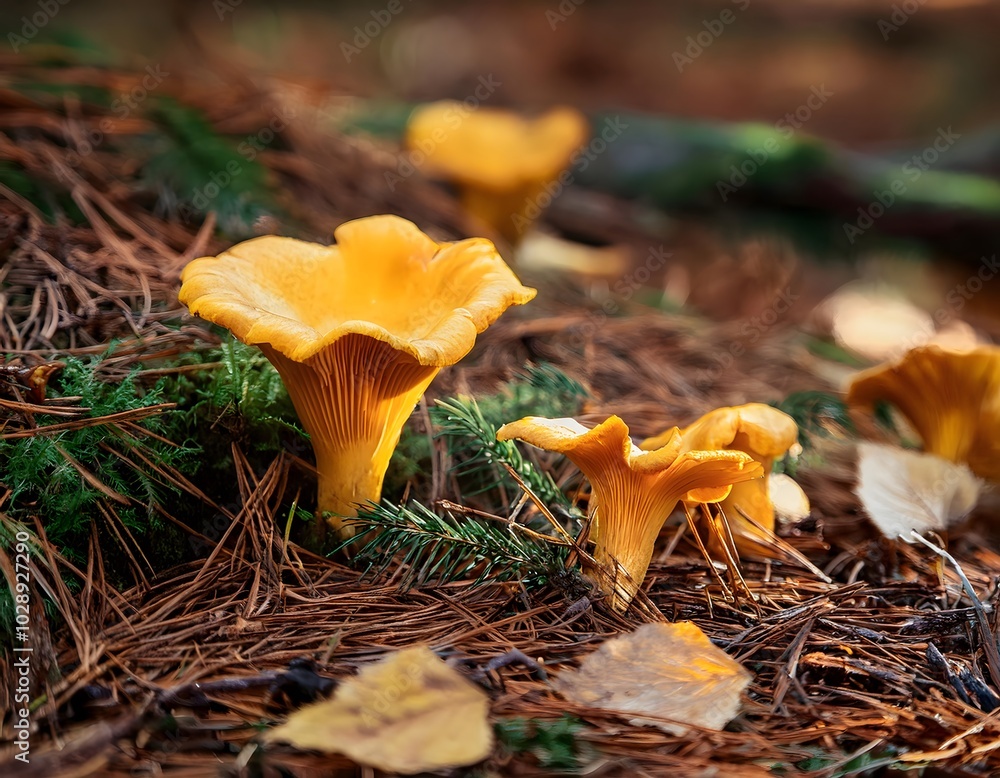 Golden chanterelle mushrooms growing on a forest floor covered in pine needles and leaves Golden chanterelle mushrooms growing on a forest floor covered in pine needles and leaves