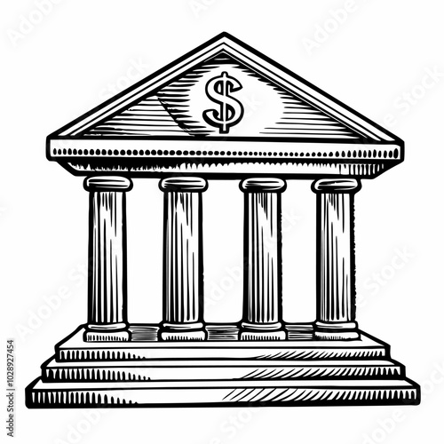 Monochrome Vector Illustration of Classical Bank Building with Dollar Symbol