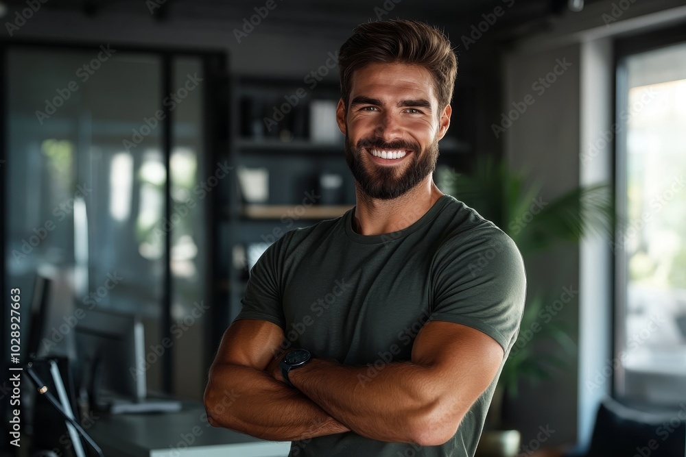Administration of information technology. Portrait of proud software engineer standing at work with arms folded, smiling. Copy space provided. Administration of information technology. Portrait of proud software engineer standing at work with arms folded, smiling. Copy space provided.