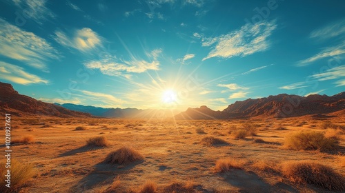 Stunning Desert Landscape with Dramatic Sunrise and Expansive Sky in a Serene Natural Setting