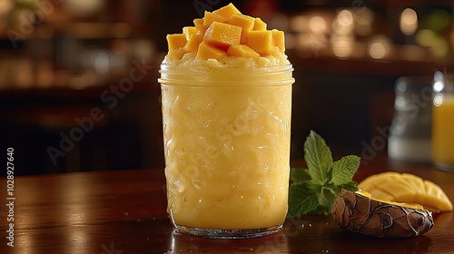 Una jarra de vidrio llena de un batido de mango y piña, decorada con un popote de papel y una rodaja de piña en el borde. Esta imagen es ideal para representar bebidas tropicales y momentos.

 photo