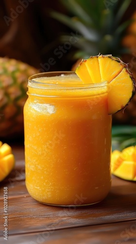 Una jarra de vidrio llena de un batido de mango y piña, decorada con un popote de papel y una rodaja de piña en el borde. Esta imagen es ideal para representar bebidas tropicales y momentos.

 photo