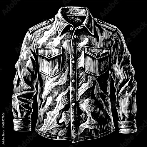 Vintage Hand Drawn Military Jacket Sketch from the Past on Black Background