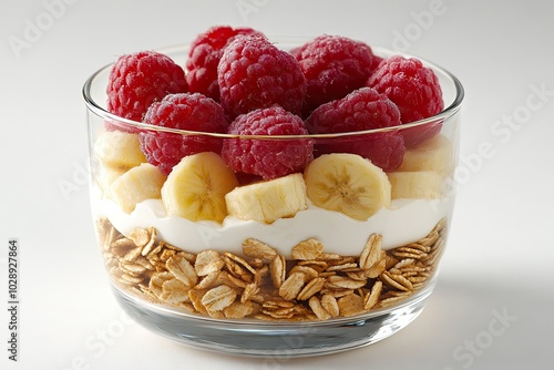 Bebida de Yogur con Frutas y Semillas en un Vaso Decorado Vaso de bebida de yogur mezclado con frutas y semillas, con capas de diferentes colores y decorado con rodajas de frutas en el borde. Ideal pa photo