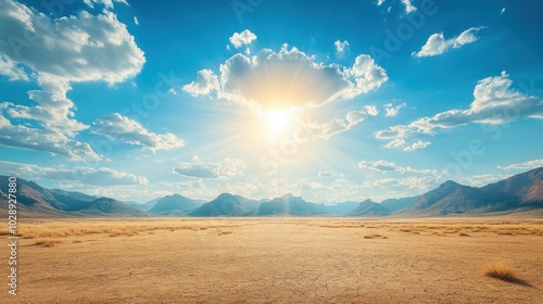 Stunning Desert Landscape with Bright Sun and Blue Sky Over Mountain Range