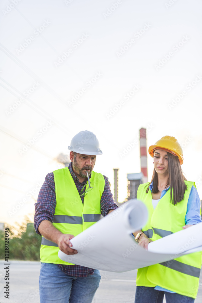 Two engineers reading blueprints on construction site Two engineers reading blueprints on construction site