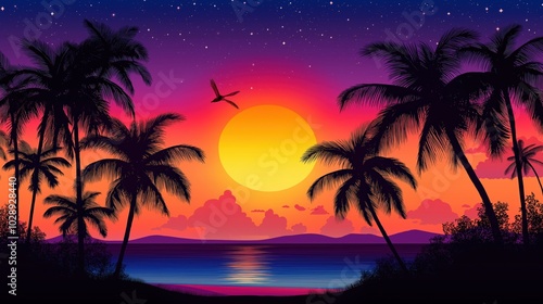 Silhouette of palm trees at tropical sunrise or sunset