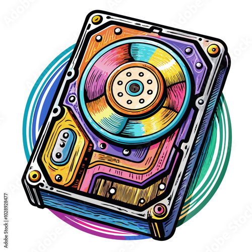 Colorful Retro Hard Disk Drive Illustration in Pop Art Style