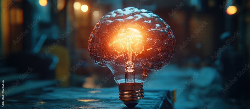 Illuminated Brain-Shaped Light Bulb in Urban Setting Symbolizing Creativity and Innovation at Night Illuminated Brain-Shaped Light Bulb in Urban Setting Symbolizing Creativity and Innovation at Night