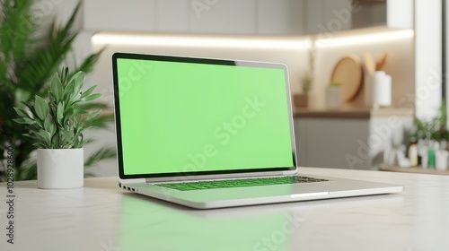 Wallpaper Mural Modern Sunny Kitchen with Healthy Lifestyle Vibes. Close up Green Screen Mock Up on a Laptop. Device is Used on a Kitchen Table. Torontodigital.ca