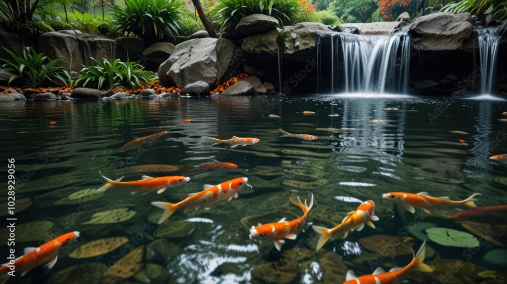 A serene pond with a waterfall and koi fish swimming in clear water.