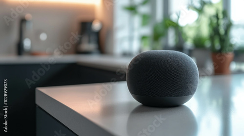 Close-up of a black smart home speaker on a kitchen countertop with a modern minimalist design. Natural light from a nearby window illuminating the device. photo