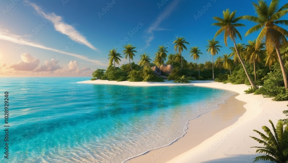 Tranquil Tropical Island Oasis with Palm Trees and Crystal Clear Water Under Blue Sky Tranquil Tropical Island Oasis with Palm Trees and Crystal Clear Water Under Blue Sky