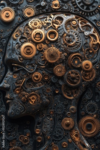 Intricate Steampunk Human Head with Gears and Cogs Illustrating the Concept of Mechanical Intelligence and Creativity photo