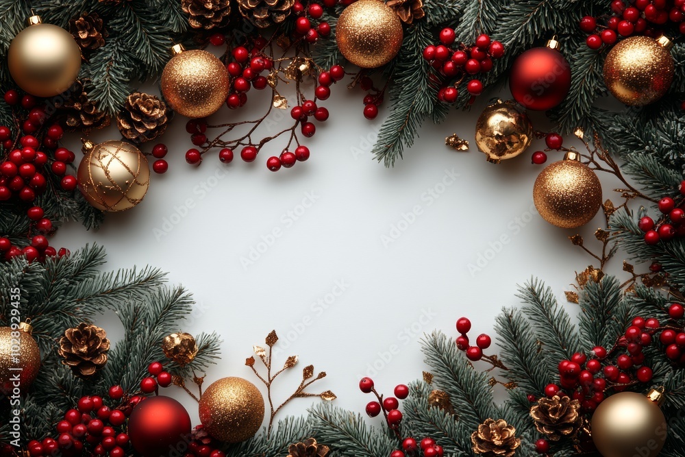 An elegant flat lay of spruce, red, and gold Christmas decorations. There is a copy space for your text. New Year lights are also included. An elegant flat lay of spruce, red, and gold Christmas decorations. There is a copy space for your text. New Year lights are also included.