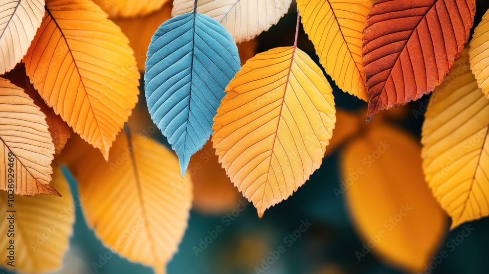 Abstract close-up of multicolored autumn leaves with vibrant blue, orange, yellow, and brown hues, showcasing detailed textures and veins in a natural arrangement. Abstract close-up of multicolored autumn leaves with vibrant blue, orange, yellow, and brown hues, showcasing detailed textures and veins in a natural arrangement.