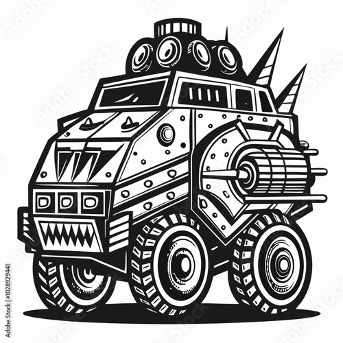 Futuristic Armored Vehicle with Spiked Design and Turret in Black and White Vector Illustration